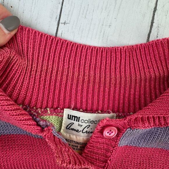 VTG Anne Crimmins Umi Collection Pink/Green Stripe Collared Knit Sweater Large - Picture 10 of 13